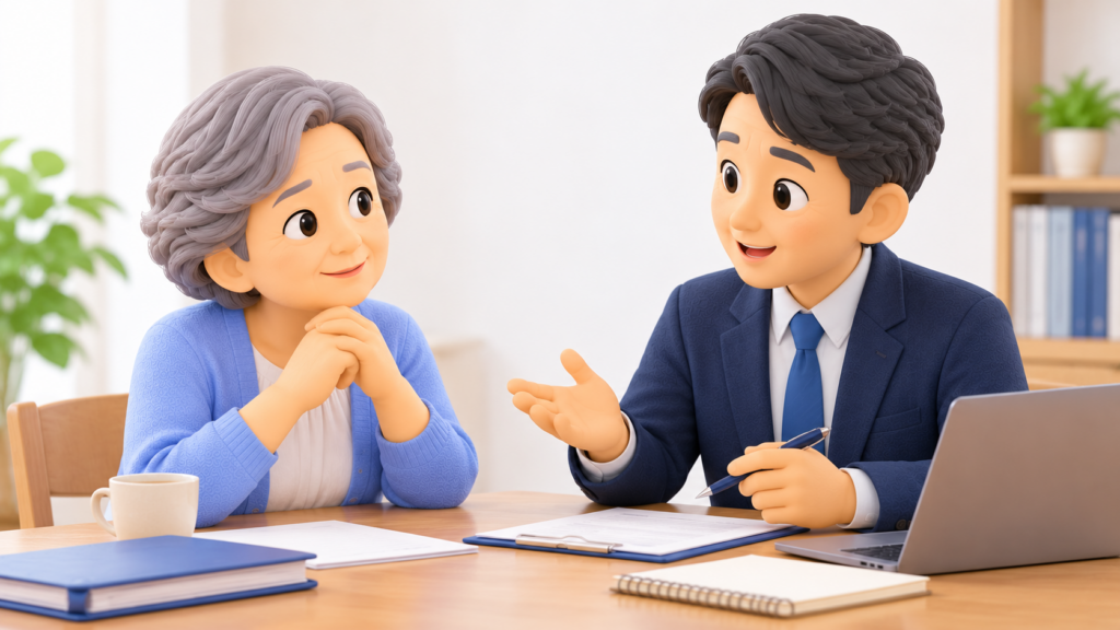 自筆証書遺言の作成について、行政書士と向かい合い、穏やかな表情で相談する高齢女性のイラスト