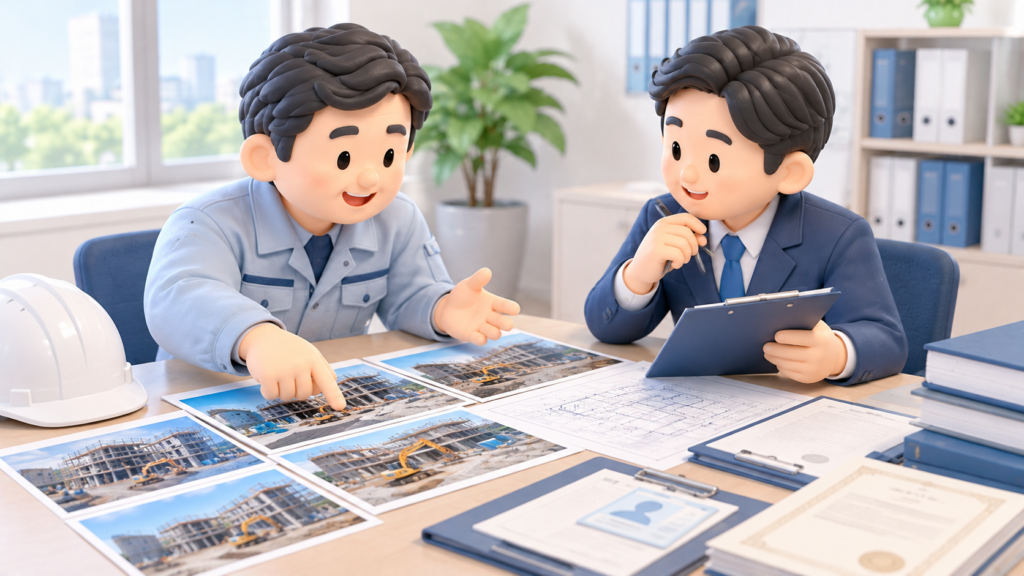 建設業許可の取得に向けて、作業服姿の建設会社経営者が工事写真を指し示し、行政書士と工事内容や資格・実務経験を確認している様子。