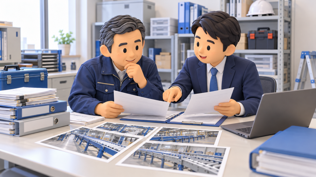 搬送設備据付会社の経営者が行政書士と過去の工事注文書や工事写真を確認している様子