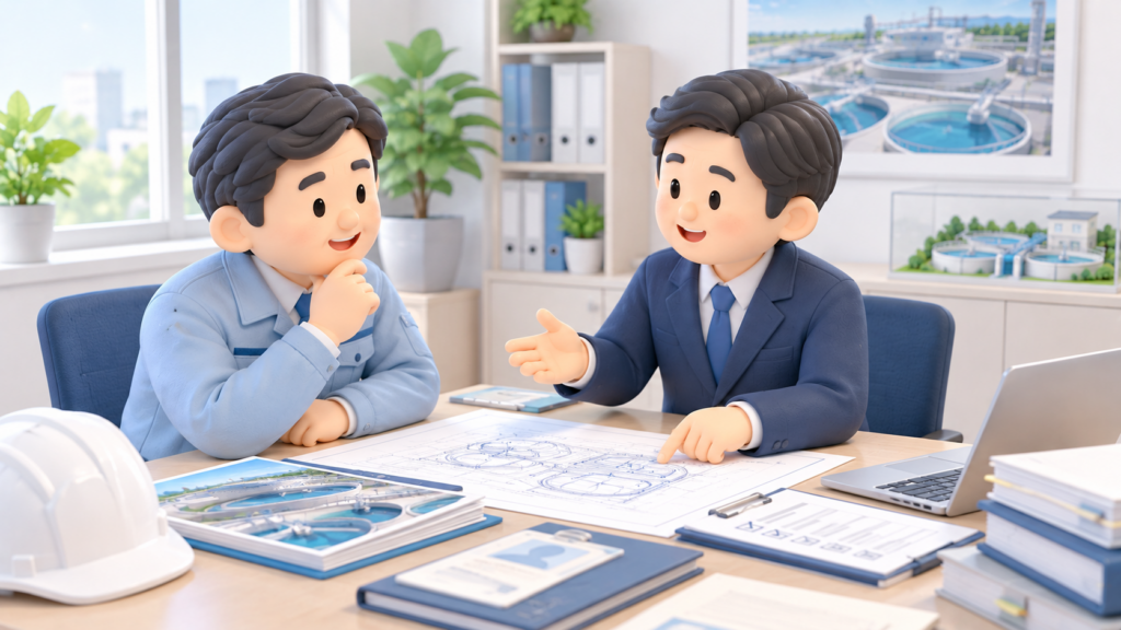 水道施設工事業の建設業許可について、作業服姿の建設会社経営者が行政書士に相談している様子。浄水施設の図面や工事資料を確認しながら、許可申請について説明を受けている。