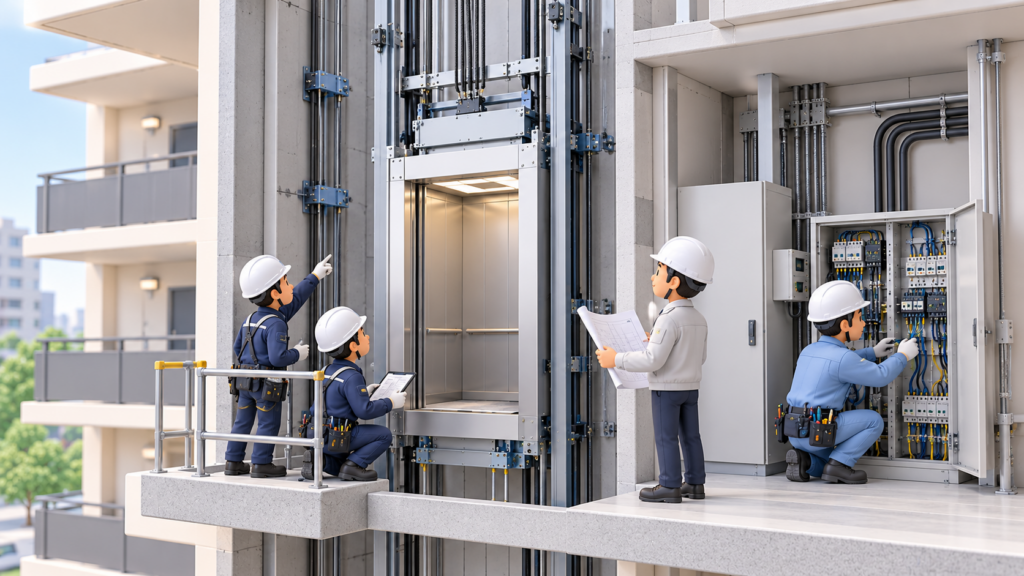 マンションの乗用エレベーター設置工事で、据付技術者と電気工事作業員がそれぞれ機械設備と電気設備の施工を担当する様子