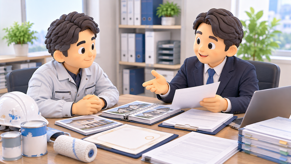 塗装会社の経営者が行政書士事務所で建設業許可について相談する3Dイラスト。作業服姿の経営者とスーツ姿の行政書士が、過去の住宅塗装工事の写真や申請関係書類を確認している